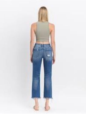 Flying Monkey Raw Hem Cropped Straight Jeans in Mid Blue